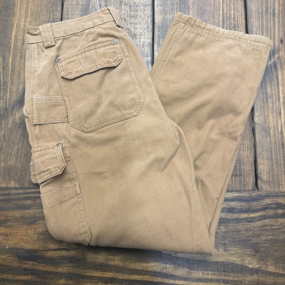 Duluth Trading Co Mens Khaki Canvas Cargo Work Pants Relaxed Fit 38x34, workwear